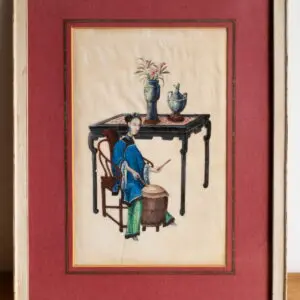 Large Chinese Antique 19th C Qing Drummer Export Gouache Painting on Pith Paper