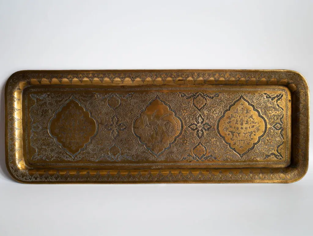 Fine Antique Persian Qajar Islamic Isfahan Engraved Brass Tray SIGNED 40x15 cm