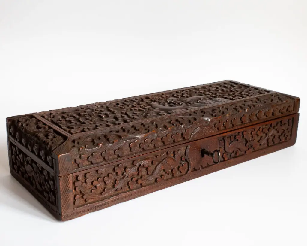 Antique Anglo Indian Relief Decorated Sandalwood Box With Key 19th-20th Century