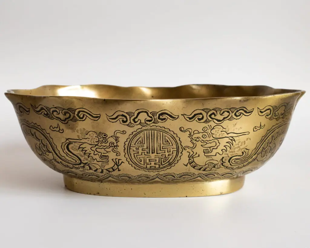 Large Chinese Antique Vintage Bronze Brass Dragon Bowl With Wavy Rim 20th C