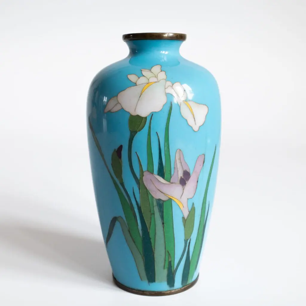 Fine Antique Japanese Blue Cloisonne Enamelled Vase With Irises Early 20th C