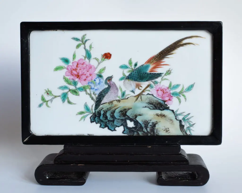 Chinese Vintage Table Screen With Mounted Famille Rose Porcelain Plaque 20th C