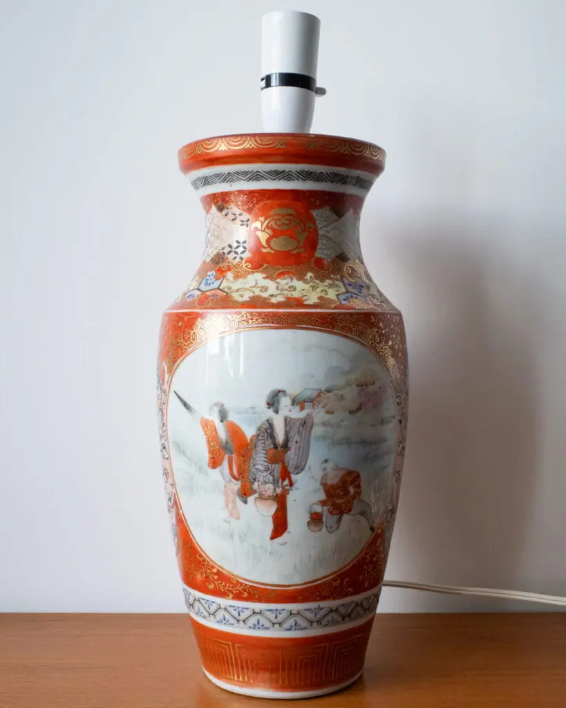 Large Antique Japanese Meiji Aka-e Kutani Porcelain Vase Lamp Base 15" Tall