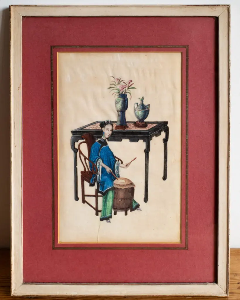 Large Chinese Antique 19th C Qing Drummer Export Gouache Painting on Pith Paper