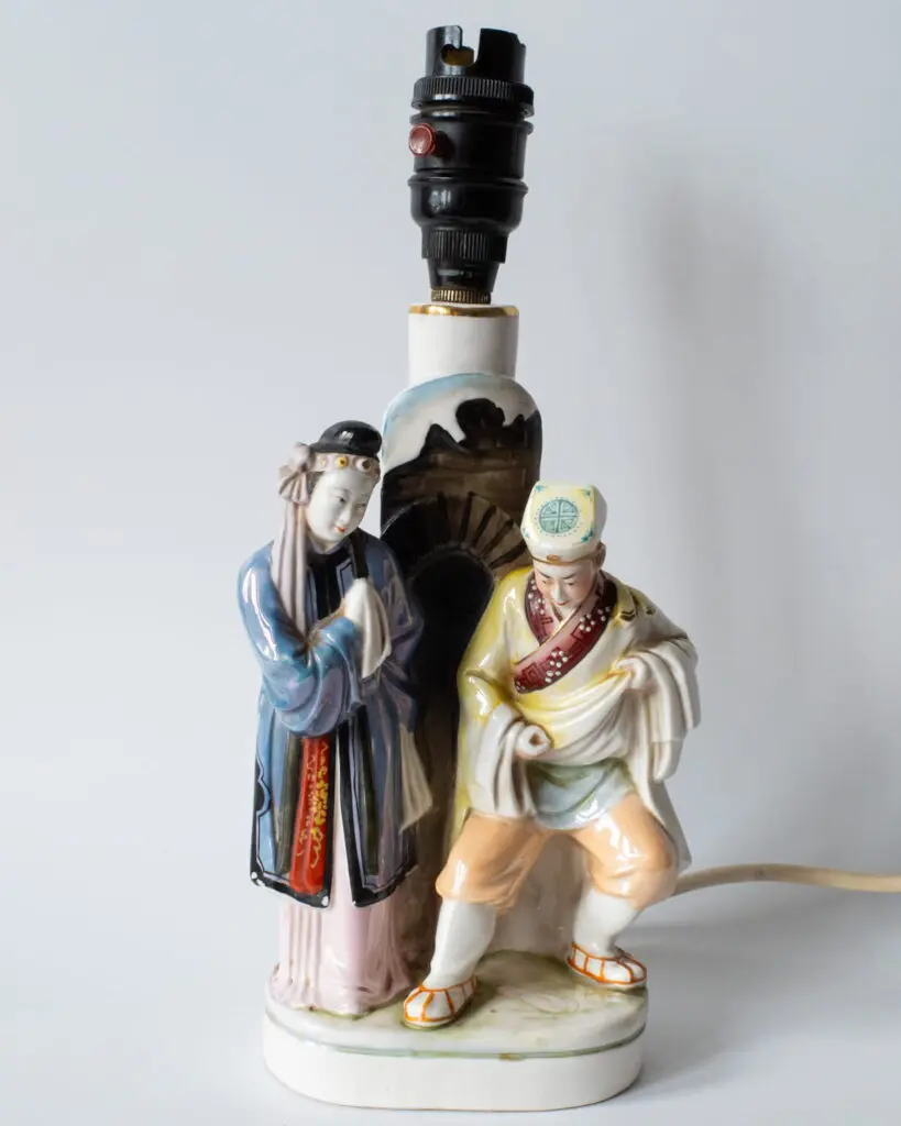 Chinese Vintage PRoC Porcelain Figural Lamp Base Lu Mengzheng Broken Kiln Opera
