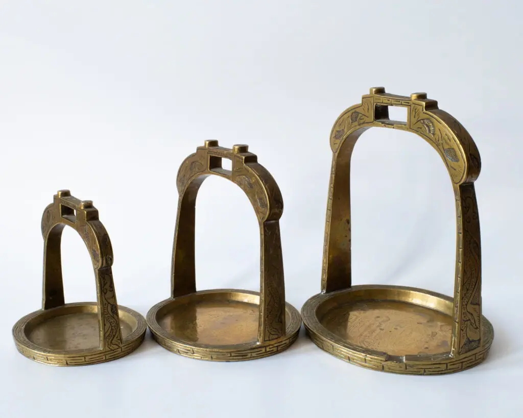 Chinese Vintage Set of Stirrup Shaped Chased Brass Ornaments or Dishes 20th C