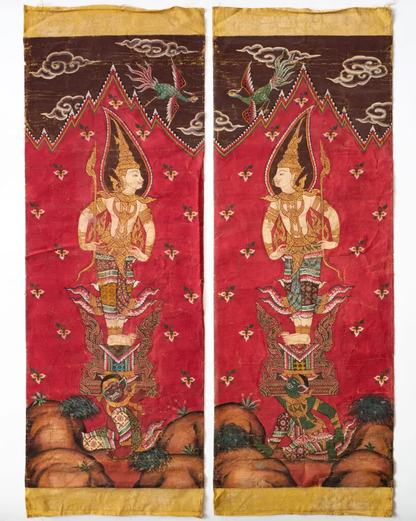 Large Vintage Thai Buddhist Temple Guardians Paintings on Canvas 20th C 88x31 cm