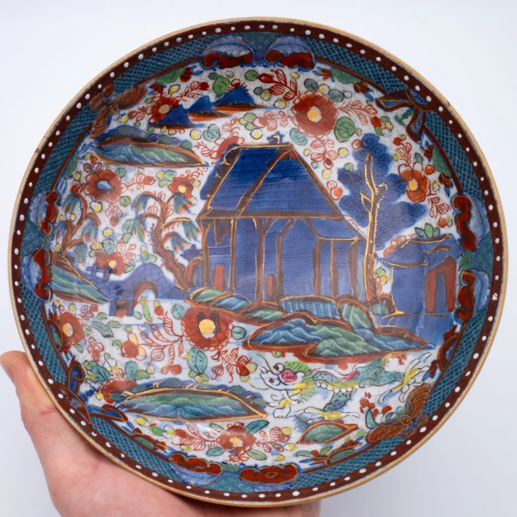RARE Chinese Antique Clobbered Blue and White Trench Mortar Porcelain Dish 18thC