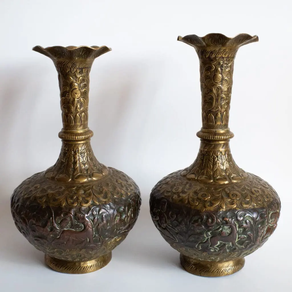 Pair of Antique Anglo Indian Brass and Copper Repousse Vases 19th-20th Century