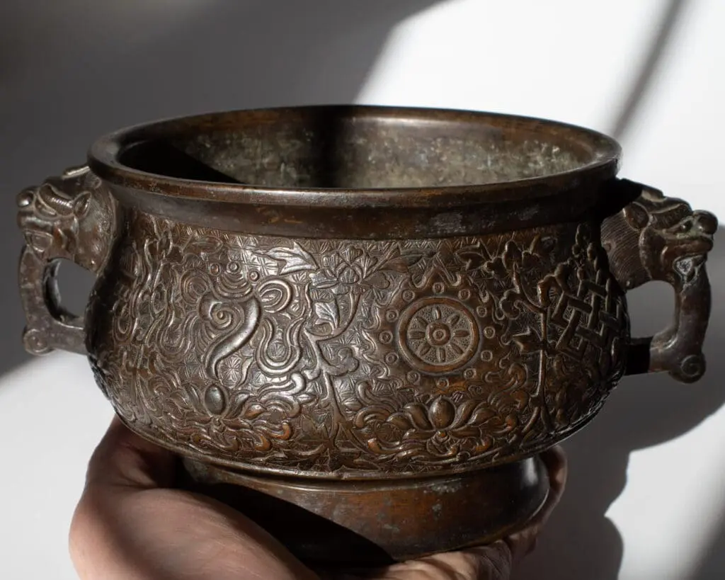 Fine Chinese Antique Bronze Incense Burner With Handles Xuande Mark Qing