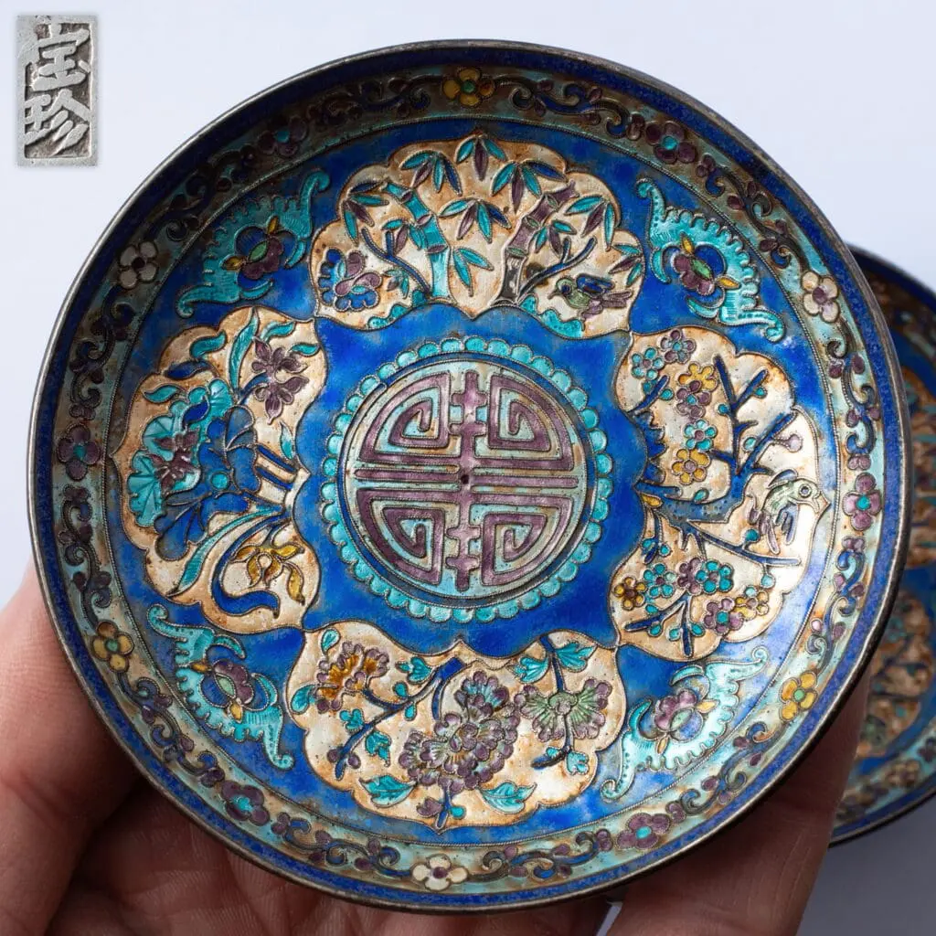 Fine Chinese Antique Enamelled Silver Dishes Late Qing Republic Marked BAO ZHEN