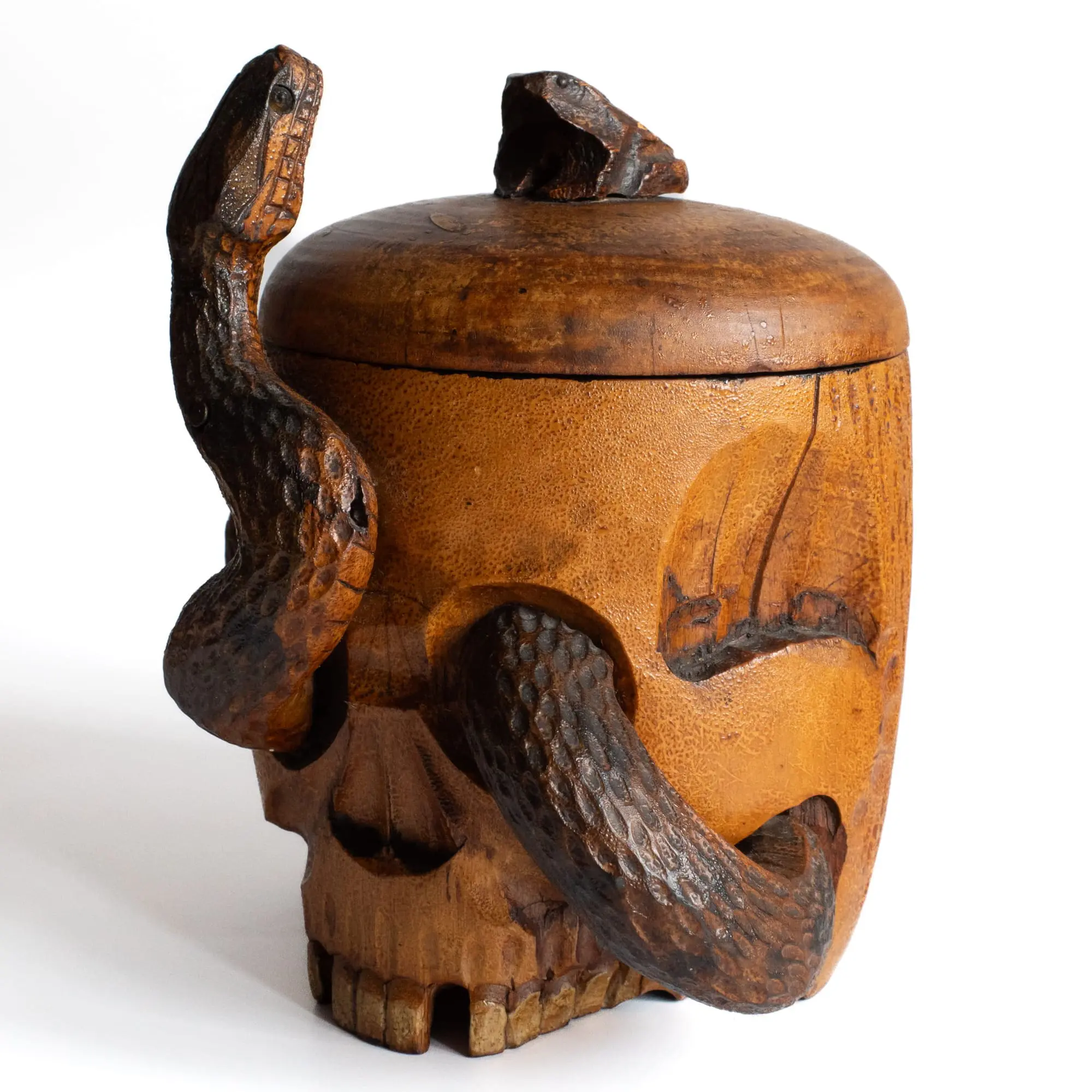 Fine Antique Japanese Meiji Wooden Memento Mori Skull & Snake Humidor Jar 19th C