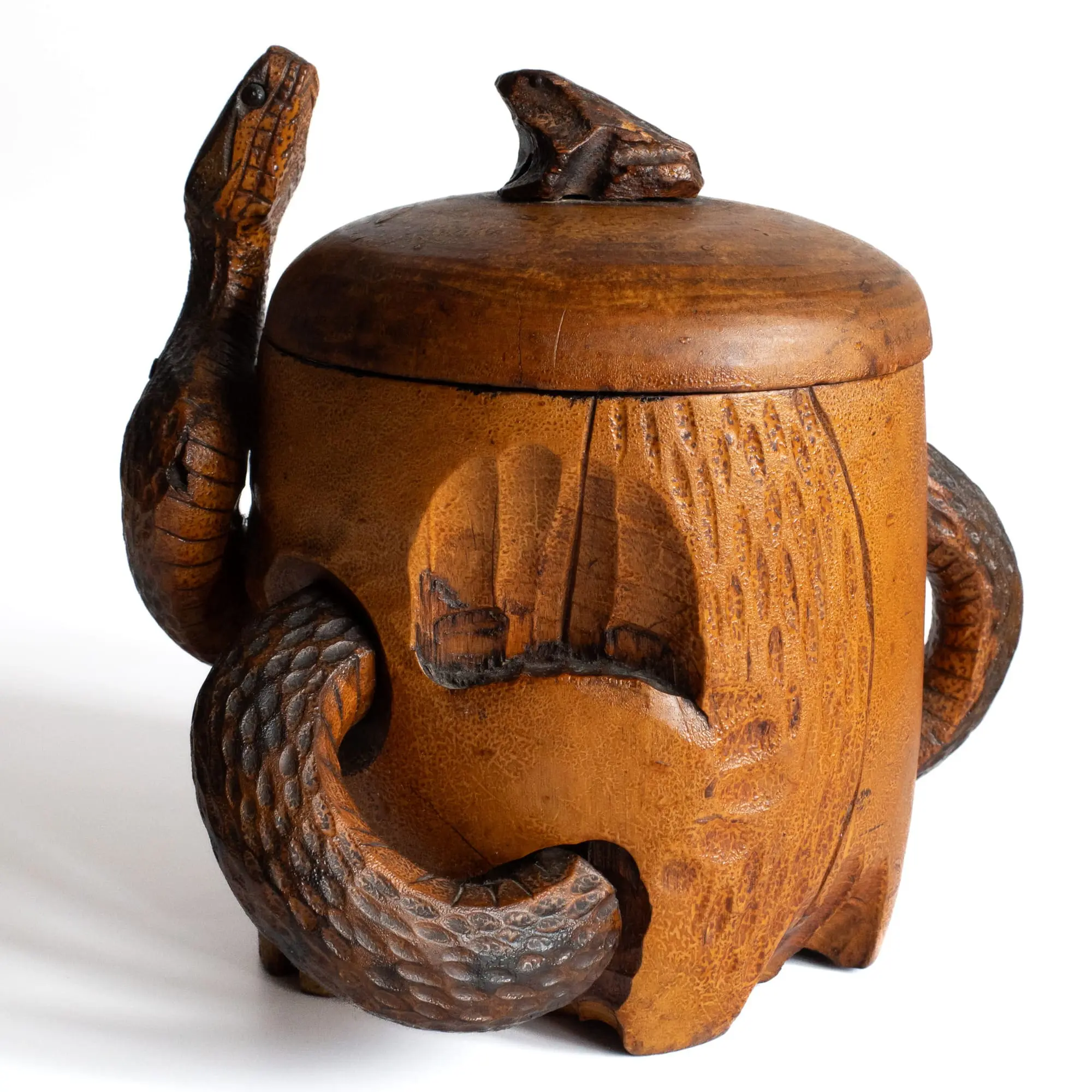 Fine Antique Japanese Meiji Wooden Memento Mori Skull & Snake Humidor Jar 19th C