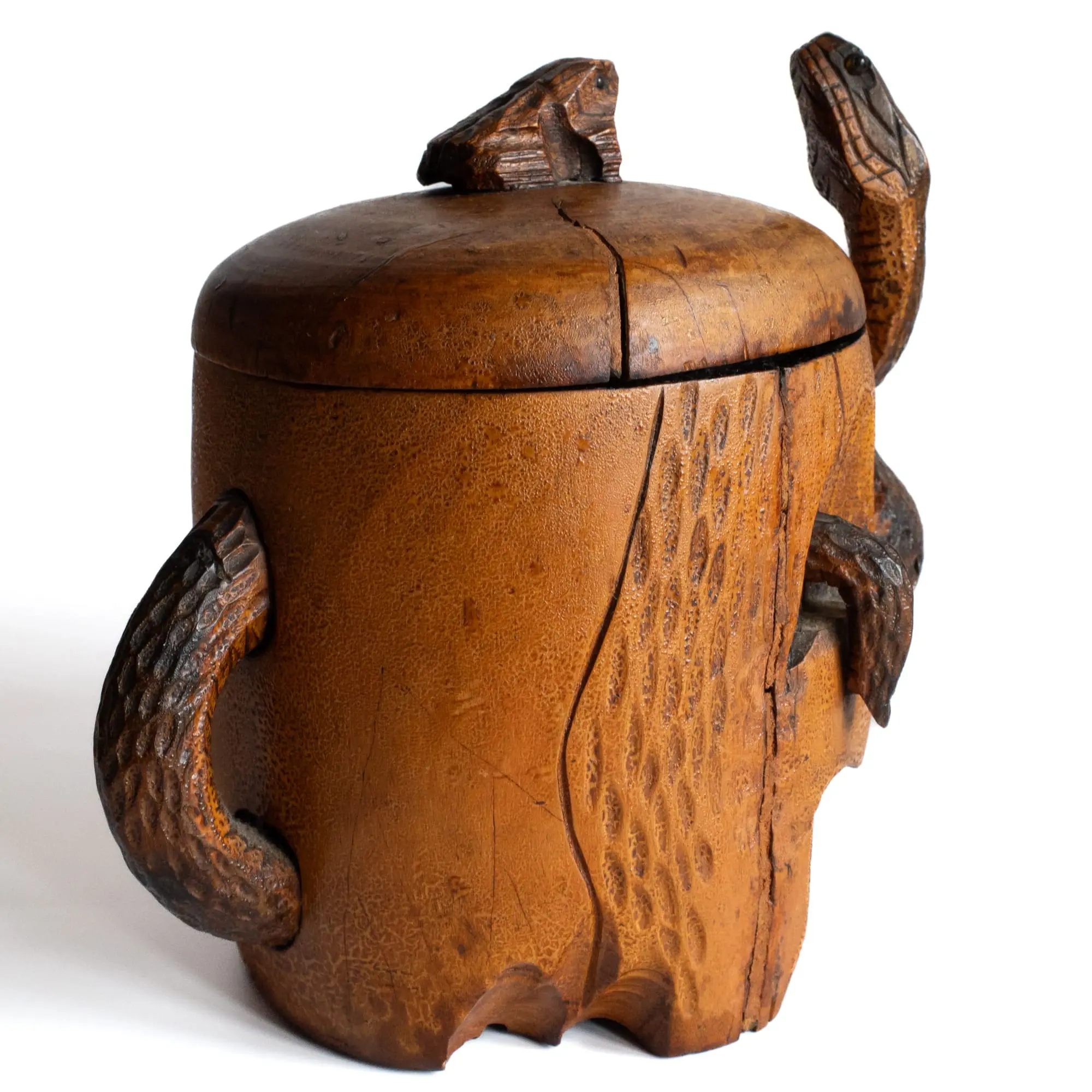 Fine Antique Japanese Meiji Wooden Memento Mori Skull & Snake Humidor Jar 19th C