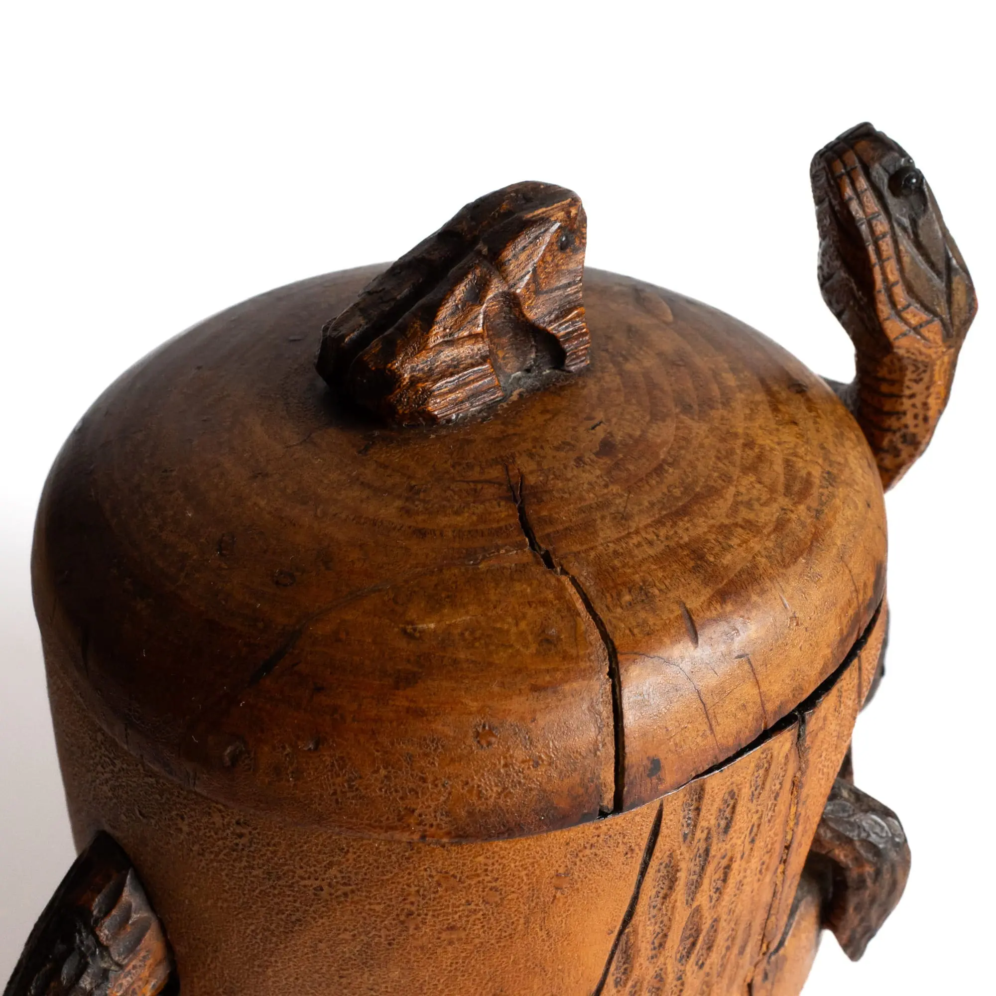 Fine Antique Japanese Meiji Wooden Memento Mori Skull & Snake Humidor Jar 19th C