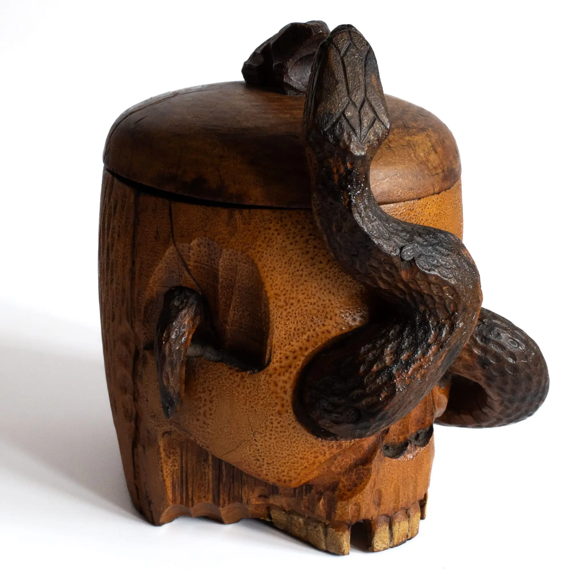 Fine Antique Japanese Meiji Wooden Memento Mori Skull & Snake Humidor Jar 19th C