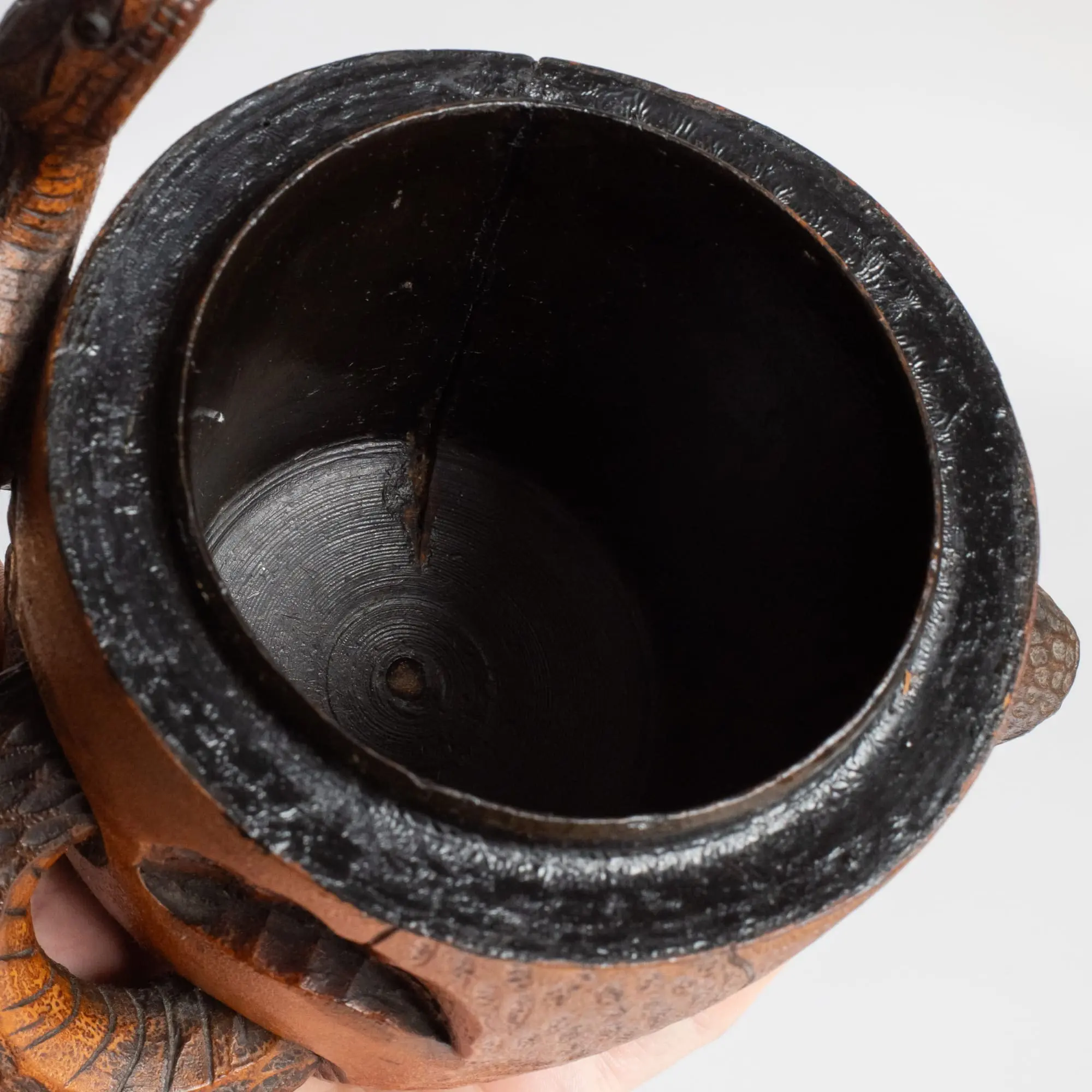 Fine Antique Japanese Meiji Wooden Memento Mori Skull & Snake Humidor Jar 19th C