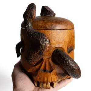 Fine Antique Japanese Meiji Wooden Memento Mori Skull & Snake Humidor Jar 19th C