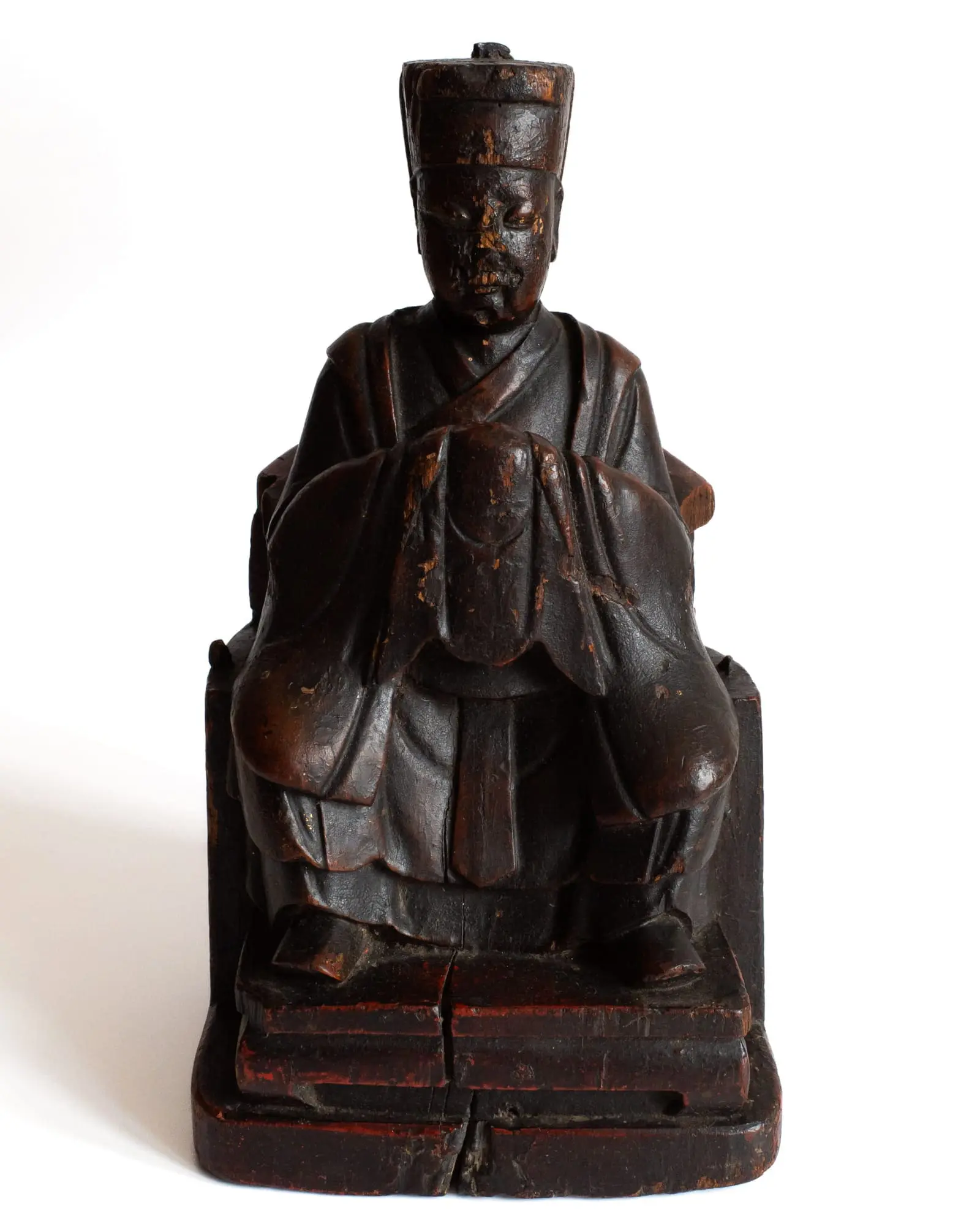 Chinese Antique Qing Wood Statue Shrine Figure of Seated Immortal or Dignitary