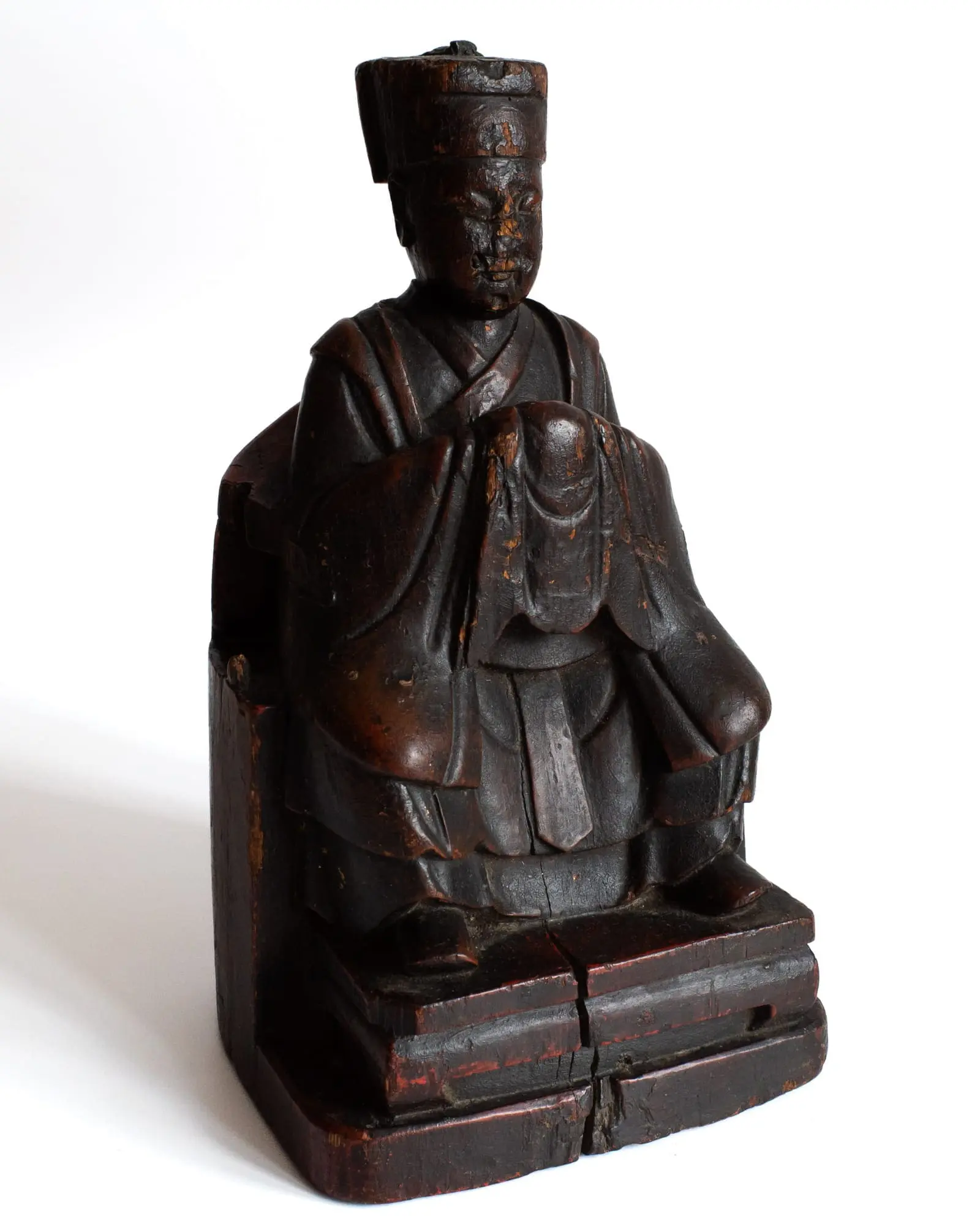 Chinese Antique Qing Wood Statue Shrine Figure of Seated Immortal or Dignitary