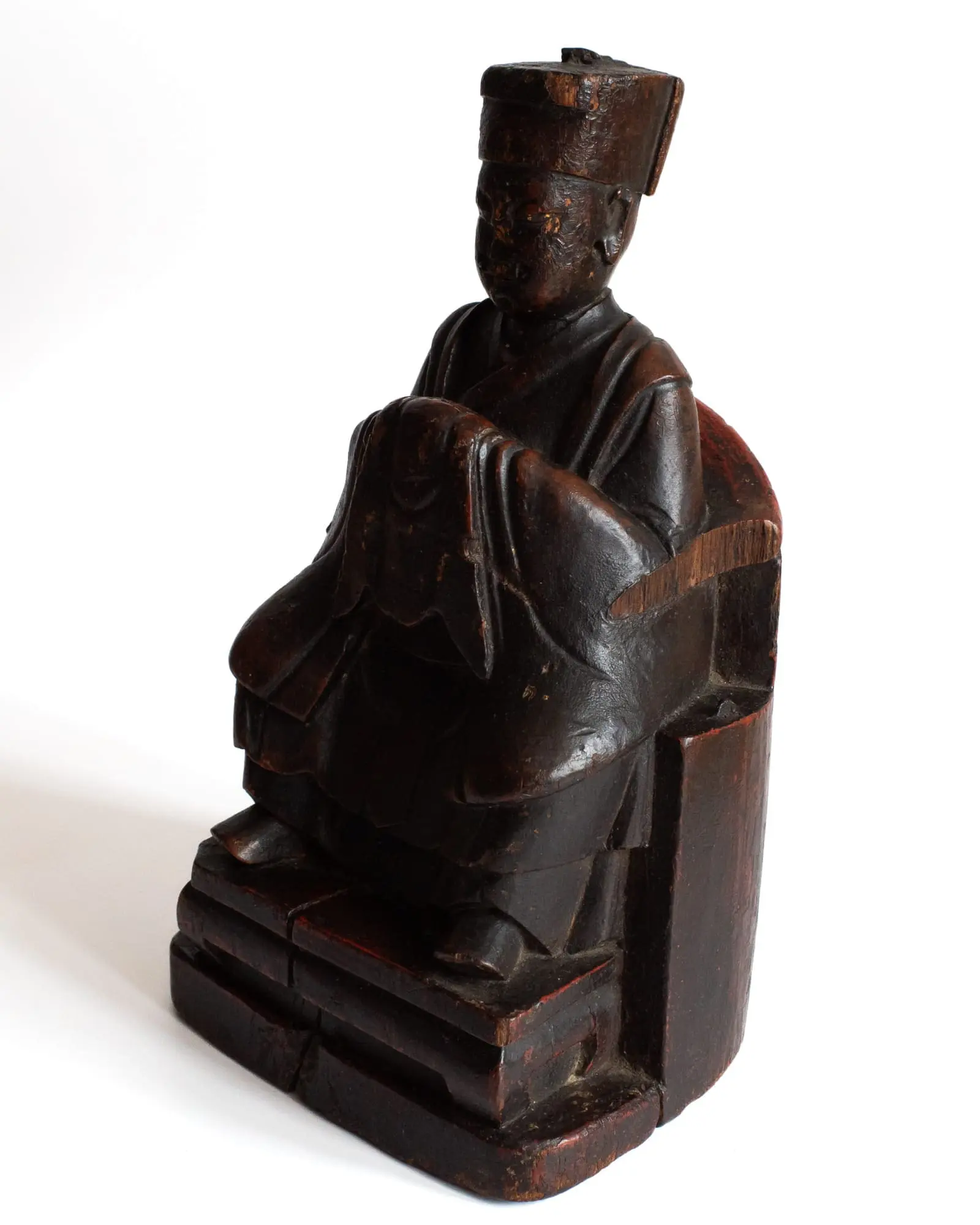Chinese Antique Qing Wood Statue Shrine Figure of Seated Immortal or Dignitary