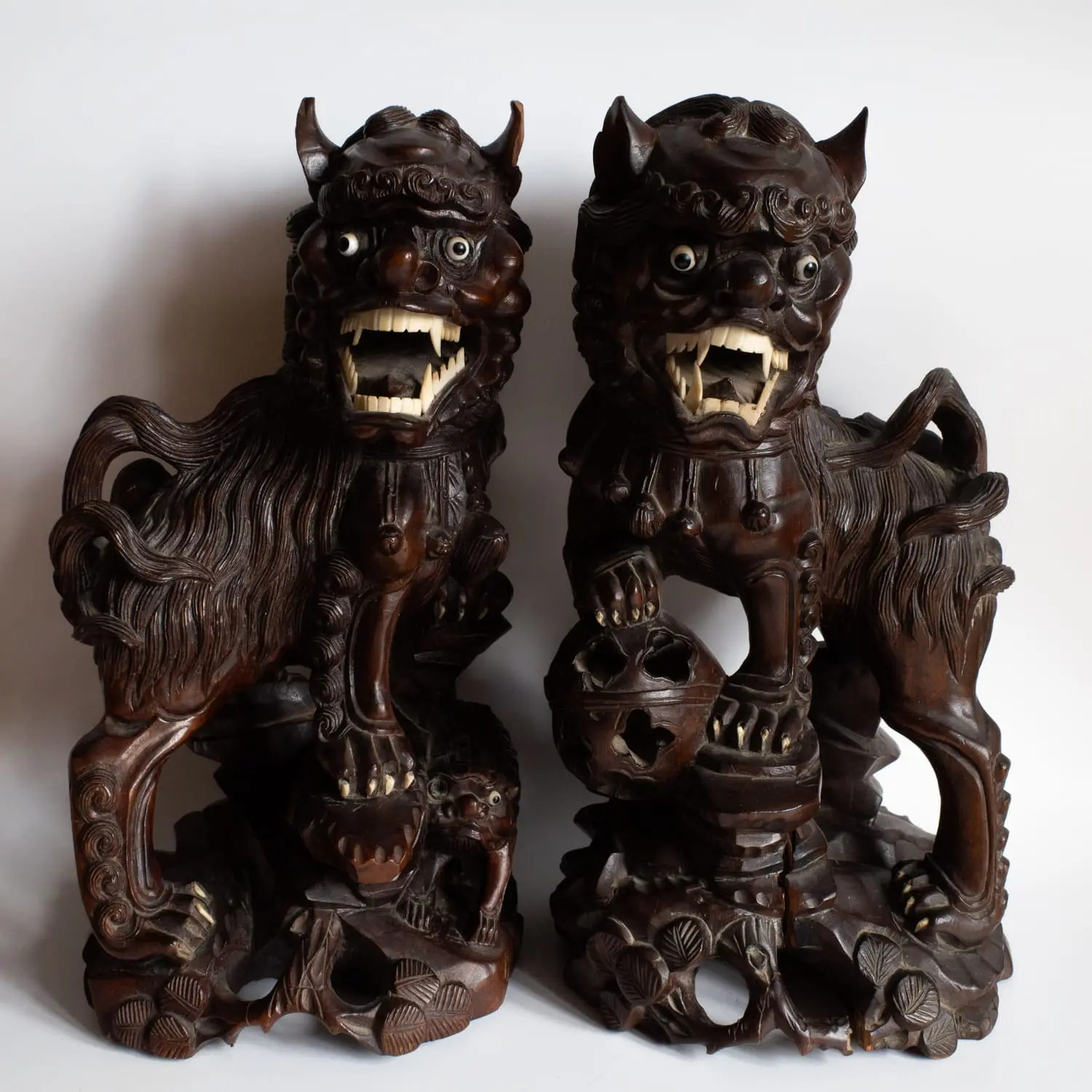 LARGE Pair of Chinese Antique Wooden Foo Lion Dog Statues 19th-20th c