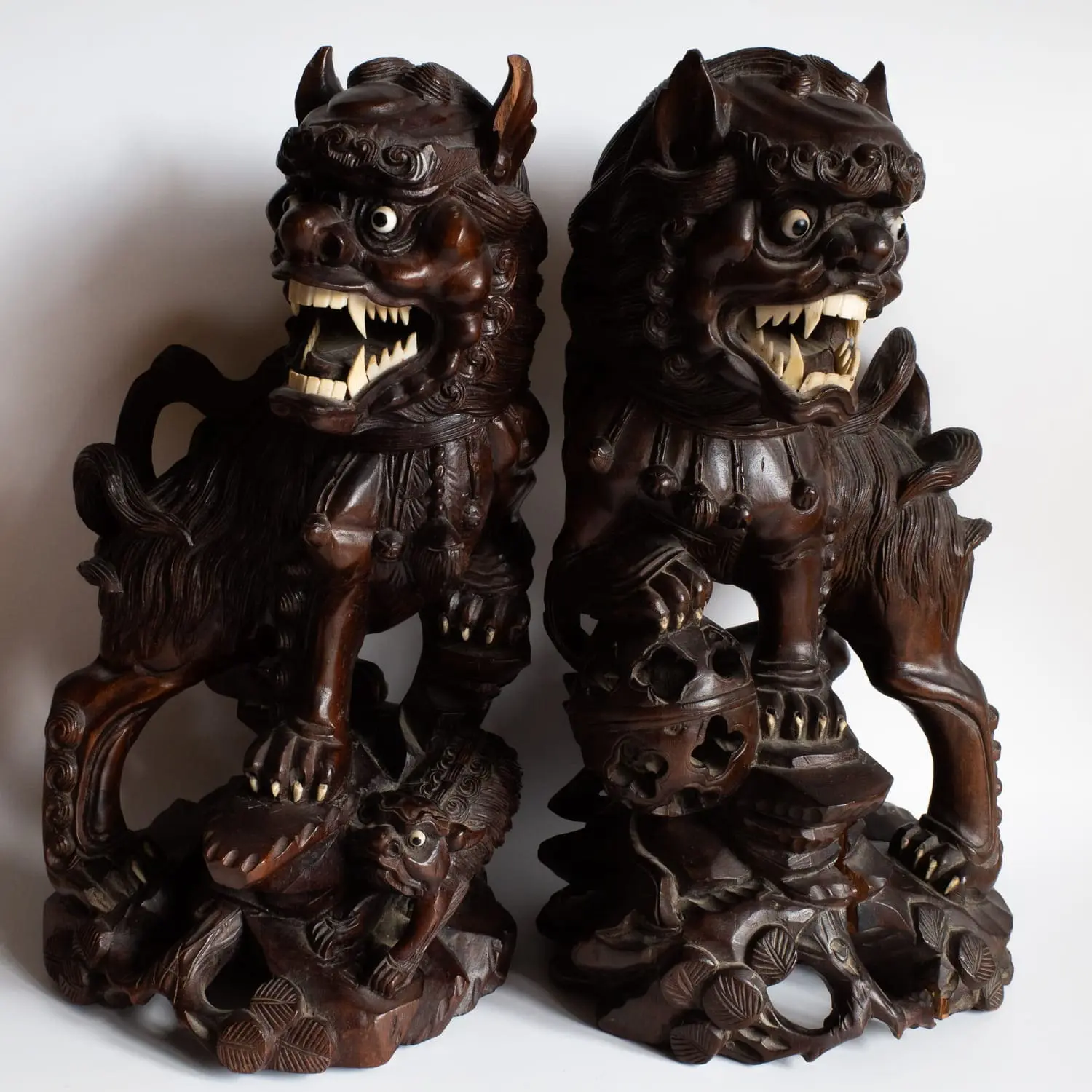 LARGE Pair of Chinese Antique Wooden Foo Lion Dog Statues 19th-20th c