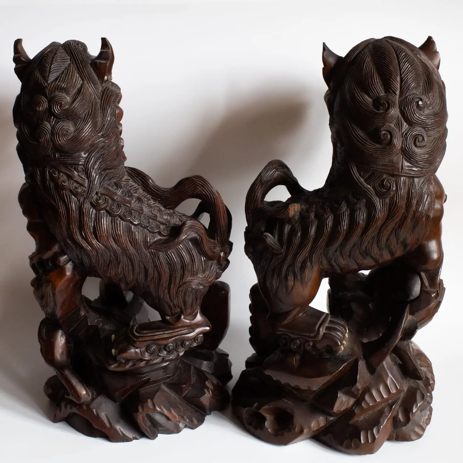 LARGE Pair of Chinese Antique Wooden Foo Lion Dog Statues 19th-20th c