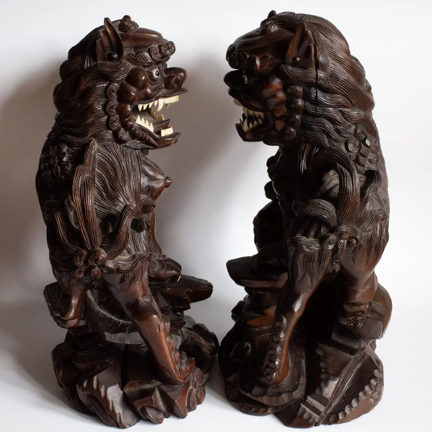 LARGE Pair of Chinese Antique Wooden Foo Lion Dog Statues 19th-20th c
