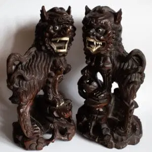 LARGE Pair of Chinese Antique Wooden Foo Lion Dog Statues 19th-20th c