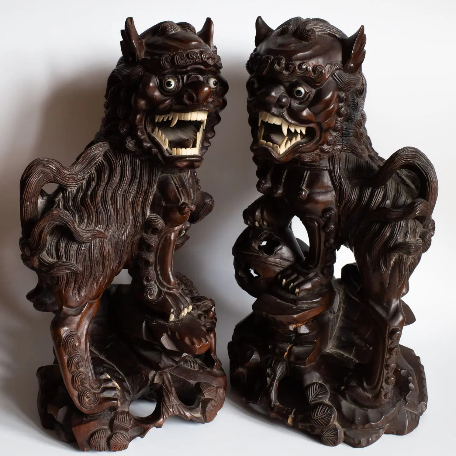 LARGE Pair of Chinese Antique Wooden Foo Lion Dog Statues 19th-20th c