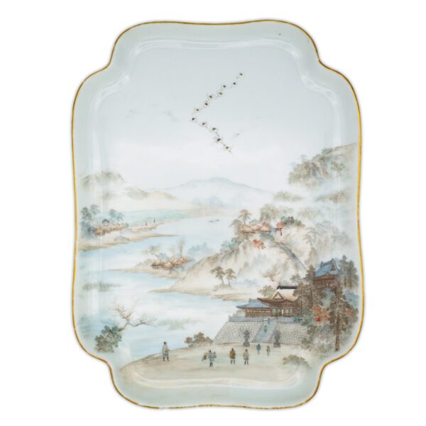 A Japanese Yokohama Ware Kutani Tray With a Mountain Temple Scene