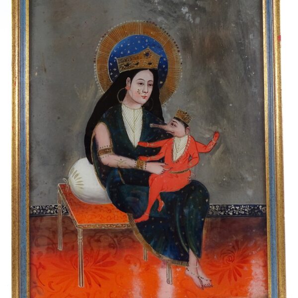 Indian Reverse Glass Painting of Parvati and Ganesha
