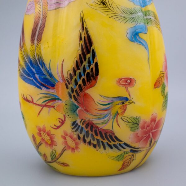 Rare Chinese Enamelled Pouch-shaped Beijing Glass Vase. Apocryphal Qianlong mark.