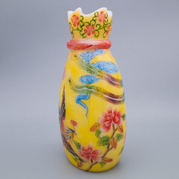 Rare Chinese Enamelled Pouch-shaped Beijing Glass Vase. Apocryphal Qianlong mark.