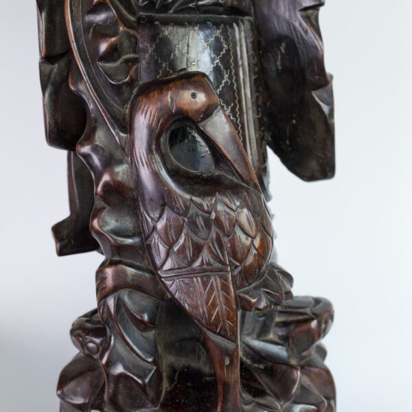 Large Chinese Hardwood and Silver Inlay Figure of Immortal Shouxing. 19th century