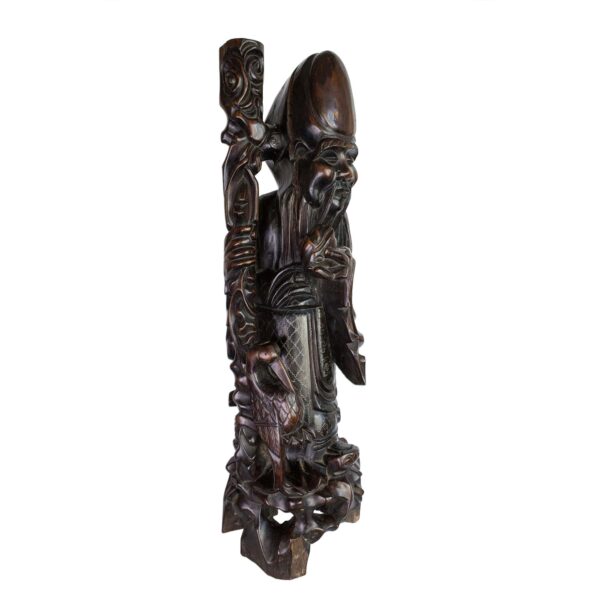 Large Chinese Hardwood and Silver Inlay Figure of Immortal Shouxing. 19th century