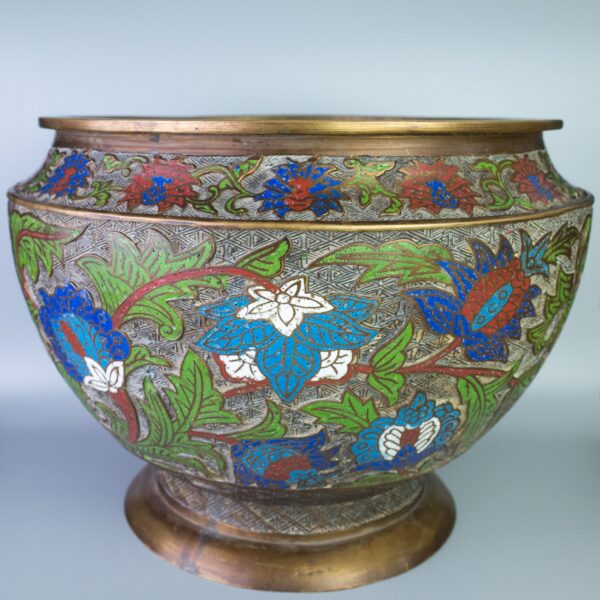 Large Japanese Bronze & Champlevé Jardinière Planter with Floral Decoration. Diameter 33 cm