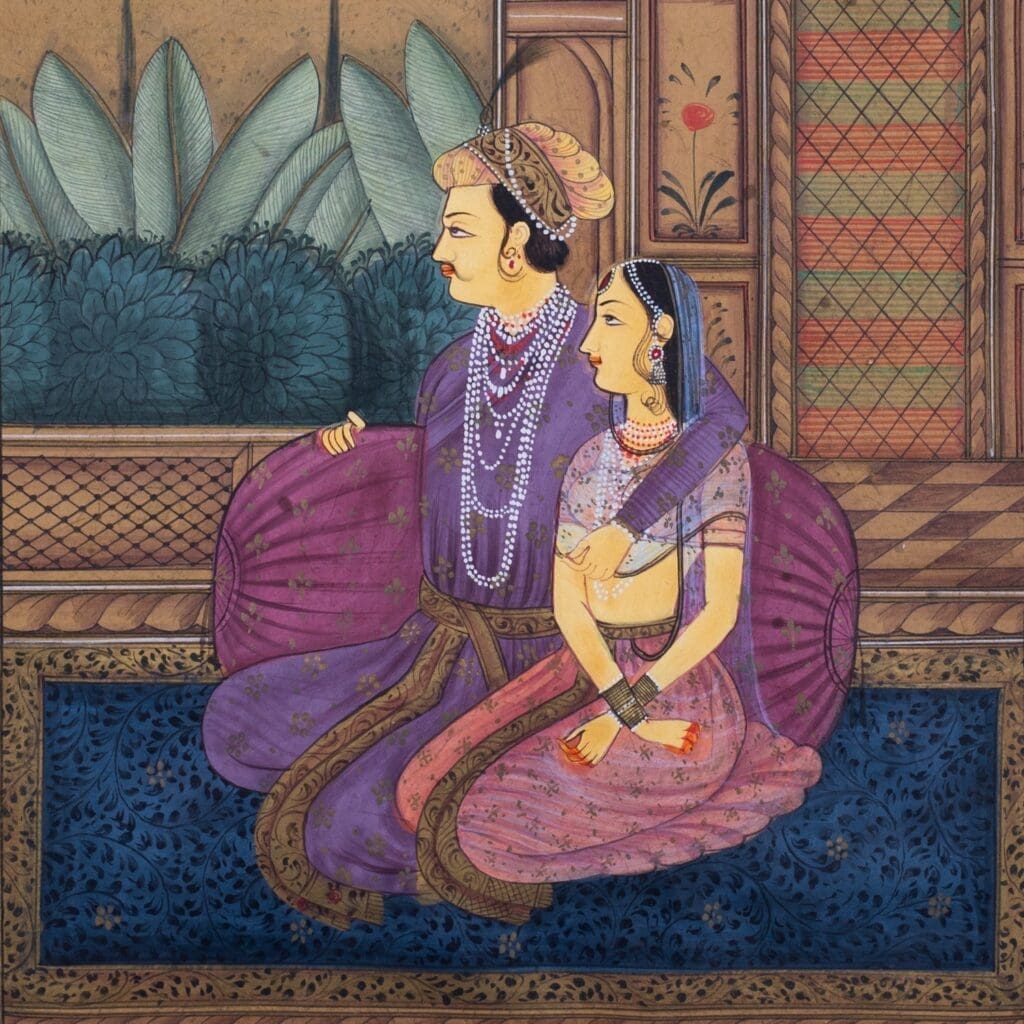 Antique Indian Miniature Paintings in Mughal Style. Set of Three