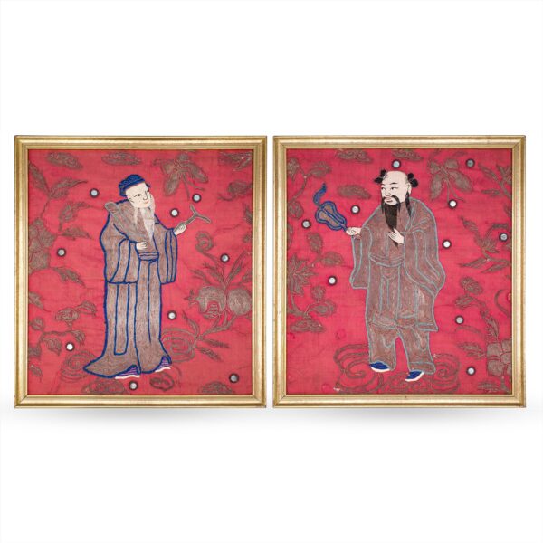 Pair of Antique Chinese Silk Embroidery Panels Depicting Immortals Zhang Guolao & Zhongli Quan. Qing Dynasty
