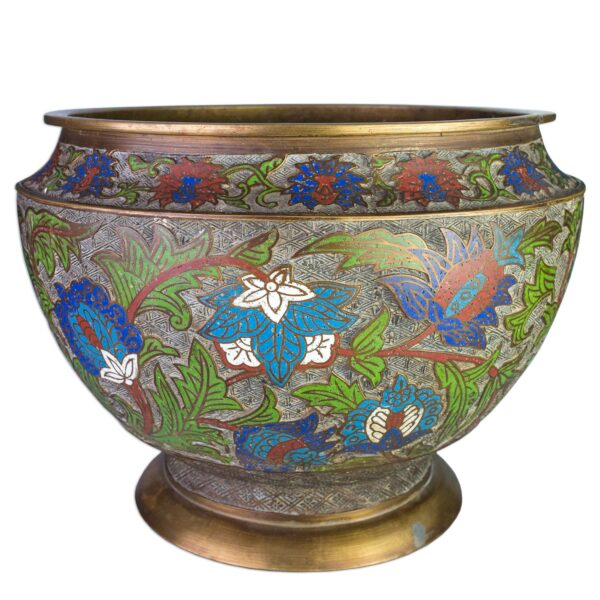 Large Japanese Bronze & Champlevé Jardinière Planter with Floral Decoration. Diameter 33 cm