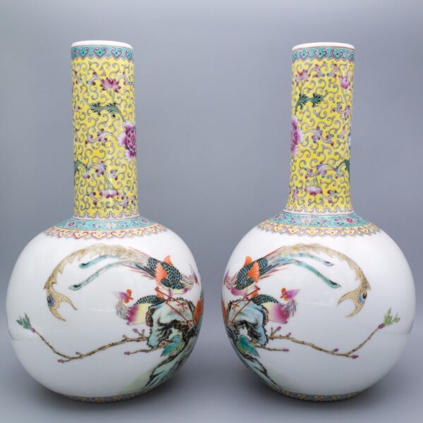 Pair of Chinese Famille Rose Porcelain Bottle Vases With Poetic Couplet by Emperor Qianlong
