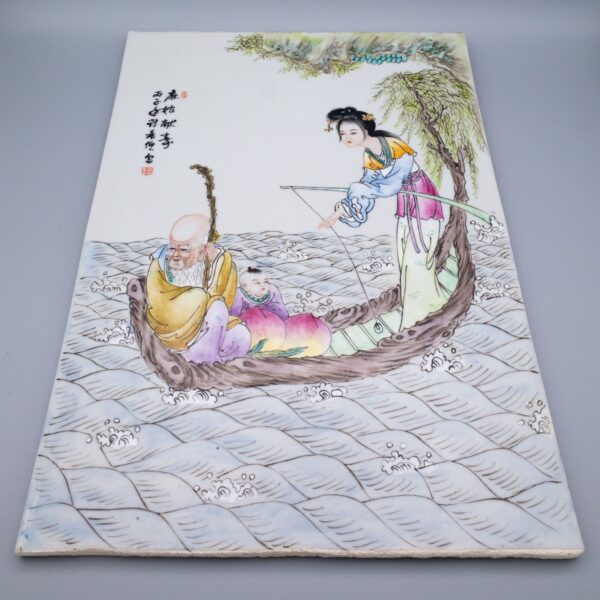 Pair of Chinese Famille Rose Plaques. Decorative Porcelain Tiles with Calligraphy Inscriptions