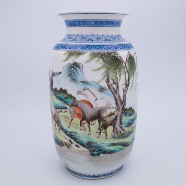 Chinese Famille Rose Porcelain Vase Depicting Eight Horses of Wang Mu. Chinese Republic Period Eggshell Porcelain.