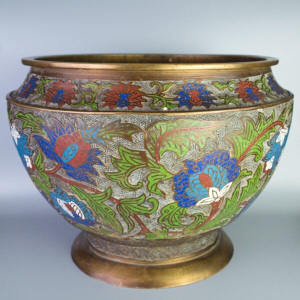 Large Japanese Bronze & Champlevé Jardinière Planter with Floral Decoration. Diameter 33 cm