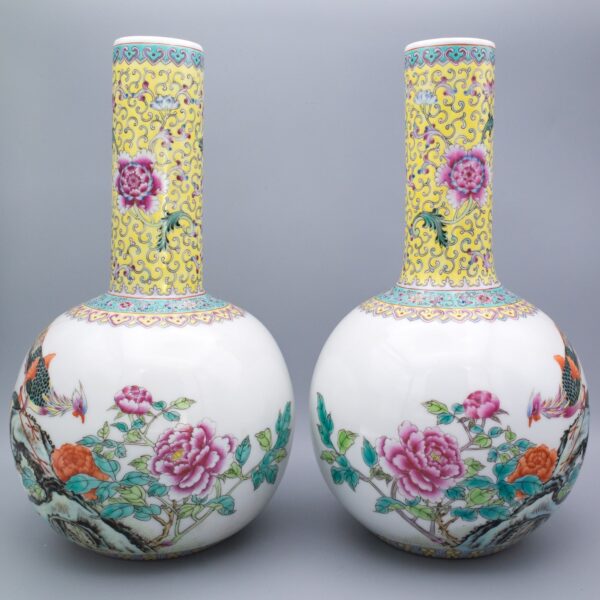 Pair of Chinese Famille Rose Porcelain Bottle Vases With Poetic Couplet by Emperor Qianlong