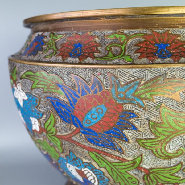 Large Japanese Bronze & Champlevé Jardinière Planter with Floral Decoration. Diameter 33 cm