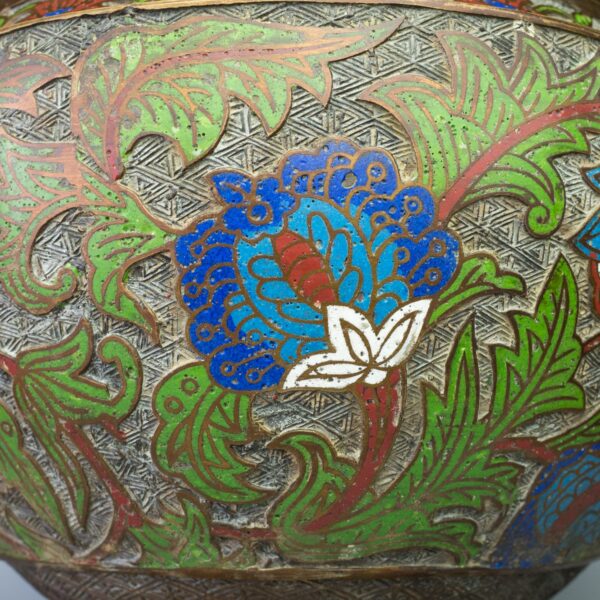 Large Japanese Bronze & Champlevé Jardinière Planter with Floral Decoration. Diameter 33 cm