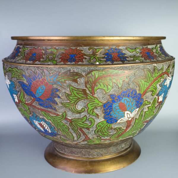 Large Japanese Bronze & Champlevé Jardinière Planter with Floral Decoration. Diameter 33 cm