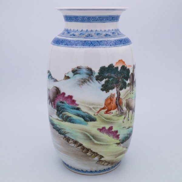 Chinese Famille Rose Porcelain Vase Depicting Eight Horses of Wang Mu. Chinese Republic Period Eggshell Porcelain.